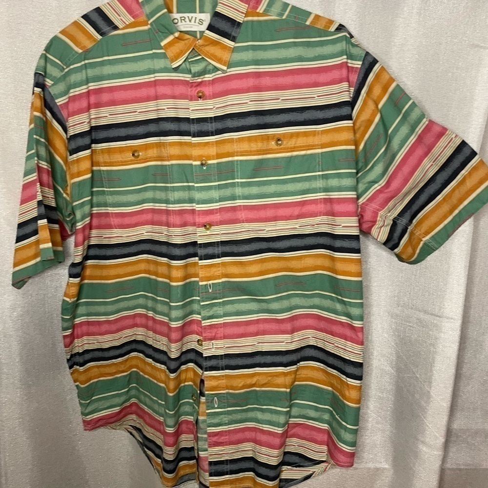 Vintage Orvis Mens Striped Shirt Multicolor Green Red Terracotta Brown Large - Picture 2 of 5